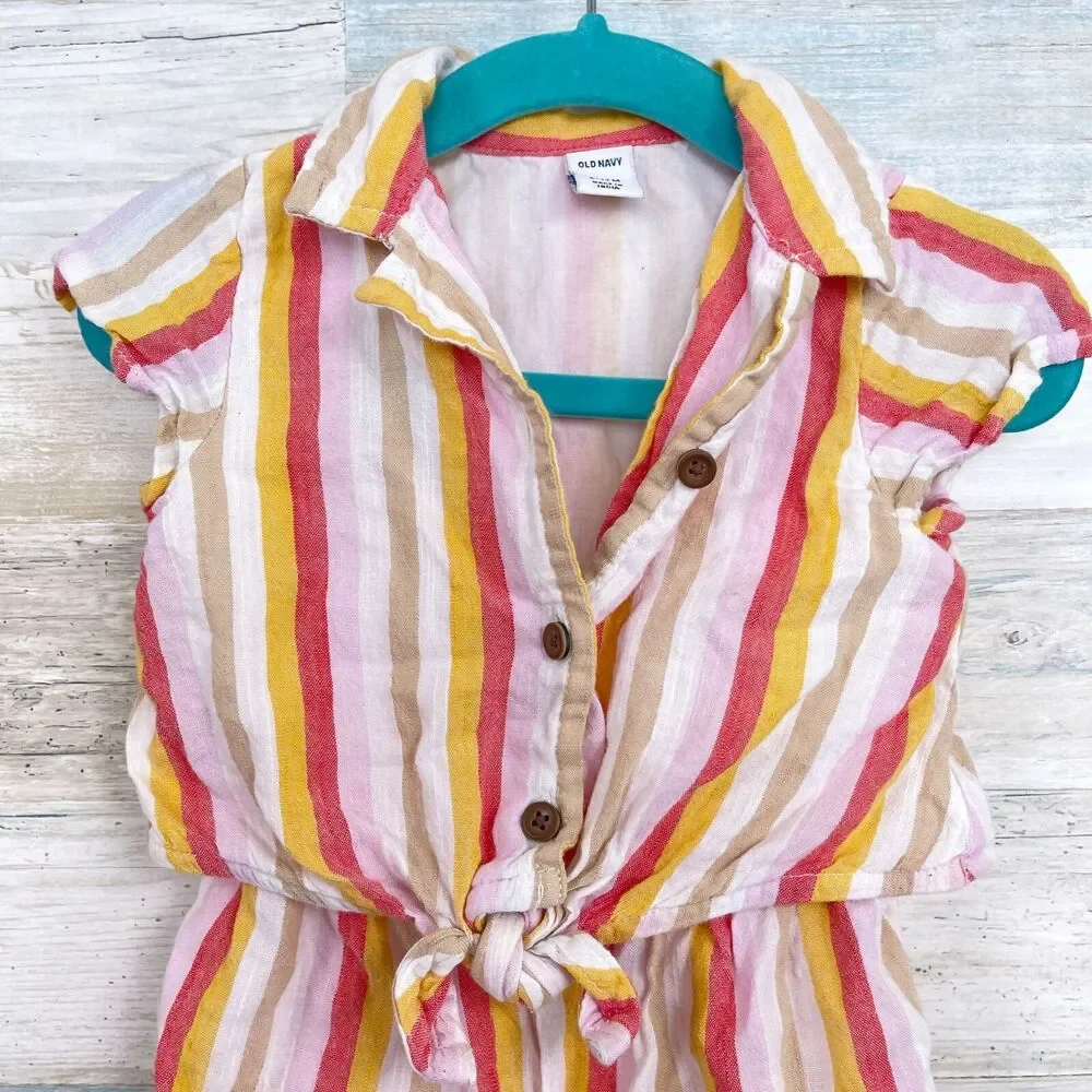 Old Navy Striped Tie Front Romper White Pink Multi Baby Girl 6-12M 6-12 Month